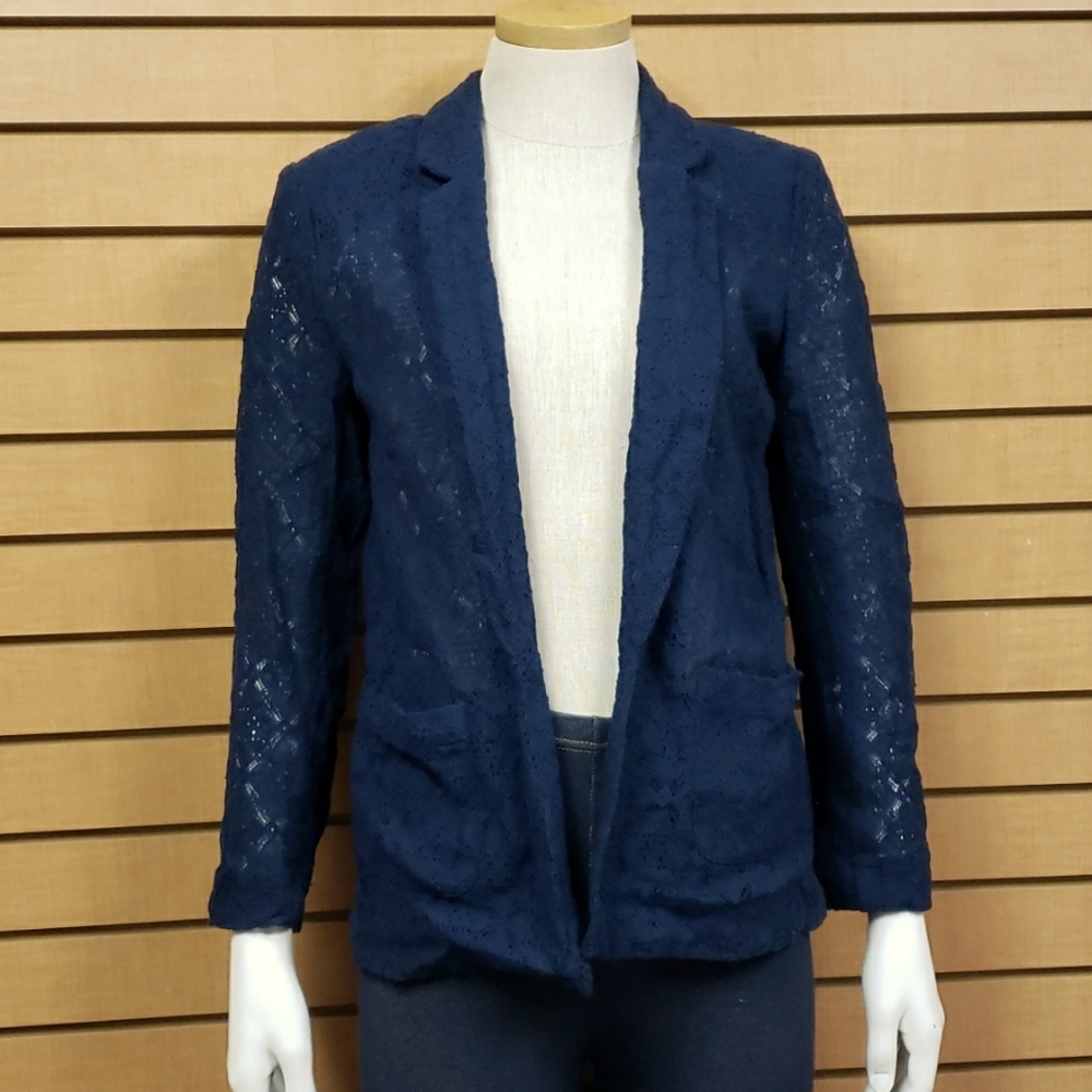 ASOS Navy Lace Blazer Jacket Size 4 Long Sleeve Open Front Romantic Career